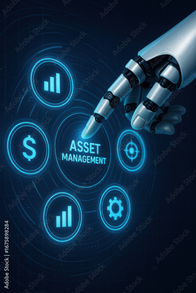 Poster asset management concept with robotic hand pointing on digital interface