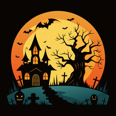 halloween background with haunted house and pumpkin