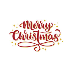 Merry Christmas text hand lettering in red and gold colours with stars and sparks