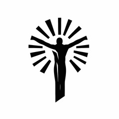 Striking representation with outstretched arms radiating light beams, dark human silhouette