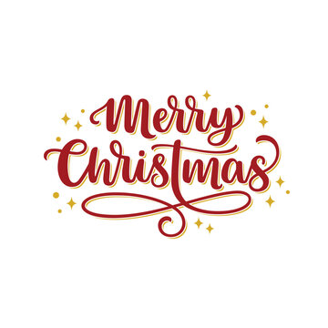 Merry Christmas text hand lettering in red and gold colours with stars and sparks
