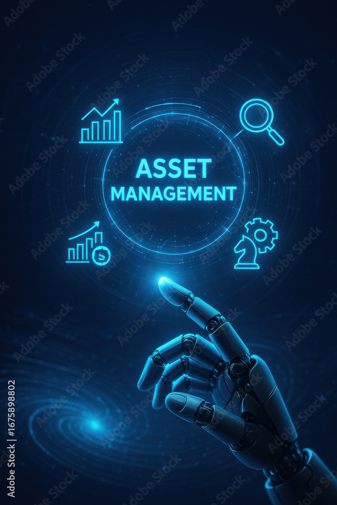 Poster asset management concept with robotic hand pointing at glowing icons and data charts