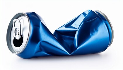crushed blue aluminum soda can isolated on white background recycling waste concept