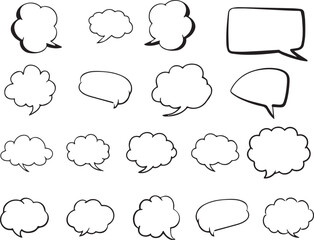 Set of speech bubbles in the form of clouds sky. Comic frame templates for dialogues. Collection of children speech balloons handwriting with wax pen. Black frames in doodle style. Vector illustration