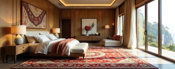 Luxurious master bedroom featuring a large, intricately patterned area rug that anchors the space and adds warmth Perfect for interior design inspiration , wool rug, luxury
