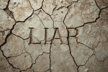 Dry soil crack 'liar' inscription; drought backdrop