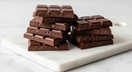 Fototapeta premium Dark Chocolate Bars Stacked on White Marble Surface in Elegant Arrangement