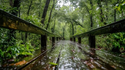 Forest Boardwalk After Rain with Wet Wooden Path