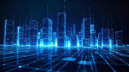 Futuristic city grid with blue neon lights, showcasing a digital urban landscape and technological - Powered by Adobe