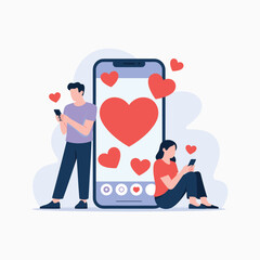Couple using smartphones with big heart icons on mobile screen, online dating app, digital love communication, social media relationship illustration design,