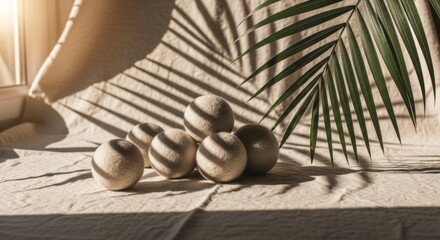 Obraz premium Decorative Wooden Balls with Green Palm Leaf Shadow Light Natural Setting