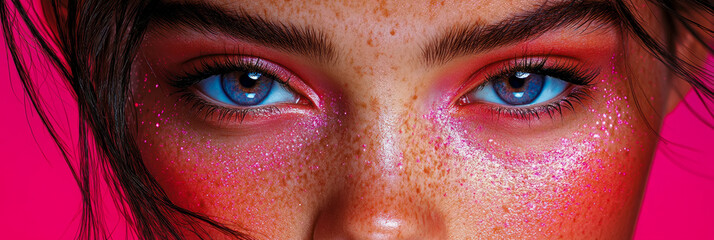 Captivating beauty portrait showcasing piercing blue eyes, shimmering pink glitter, and bold red makeup on freckled skin, framed by hot pink backdrop.