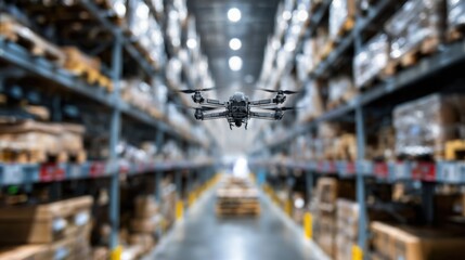 Drone Flying in Warehouse Surrounded by Shelves of Cargo Boxes