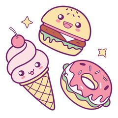 Kawaii food icons in Pop Art style, burgers, donuts, ice cream, pastel neon tones, thick outline