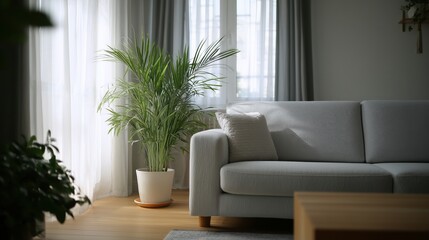 Modern Living Room with Light Gray Sofa and Indoor Plant