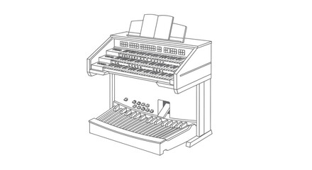 Detailed Line Drawing of a Vintage Electric Organ with Keys and Pedals.