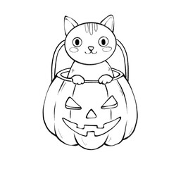 Cute cat sitting inside jack o lantern pumpkin outline illustration