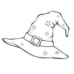 Hand drawn witch hat with stars and buckle outline illustration