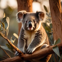 Naklejka premium Adorable koala clings to eucalyptus branch basking in warm golden hour sunlight