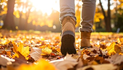 Warm Footwear Strolling Through Fallen Leaves in Autumn Season Landscape
