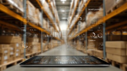 Futuristic Tablet Displaying Data in Modern Warehouse Environment