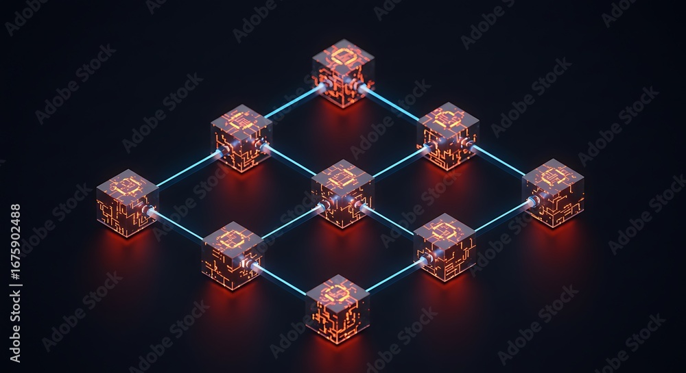 Poster abstract network of glowing cubes interconnected by lines, creating a complex system.