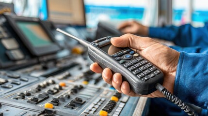 Hand Holding Marine Radio on Control Panel in Navigation Room