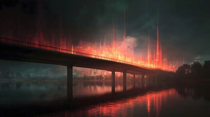 Obraz premium A bridge with lights on it is lit up at night. The lights are scattered across the bridge, creating a beautiful and serene atmosphere. The bridge spans across a body of water