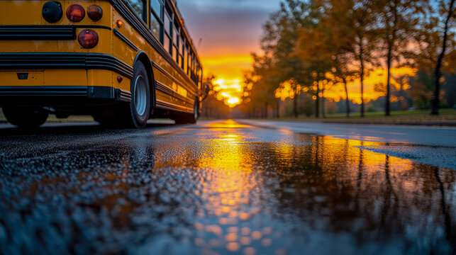 Atmospheric autumn evening with classic yellow school bus on glistening wet road, reflecting vibrant golden and orange sunset through blurred trees