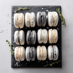 elegant grid of gourmet French macarons in white, gray, and black on a modern black slate serving board with fresh thyme