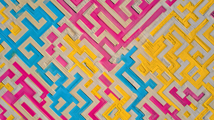 Abstract geometric pattern with interlocking lines in bright pink, blue, and yellow on a textured beige background