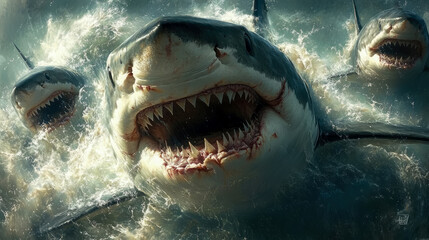 Obraz premium Terrifying trio of great white sharks aggressively bursts from chaotic ocean waves, showcasing their immense power and menacing jaws in thrilling marine encounter