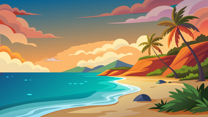 Obraz premium Vector art of a tropical beach scene at sunset with palm trees, gentle waves, and colorful clouds creating a peaceful and inviting vacation destination