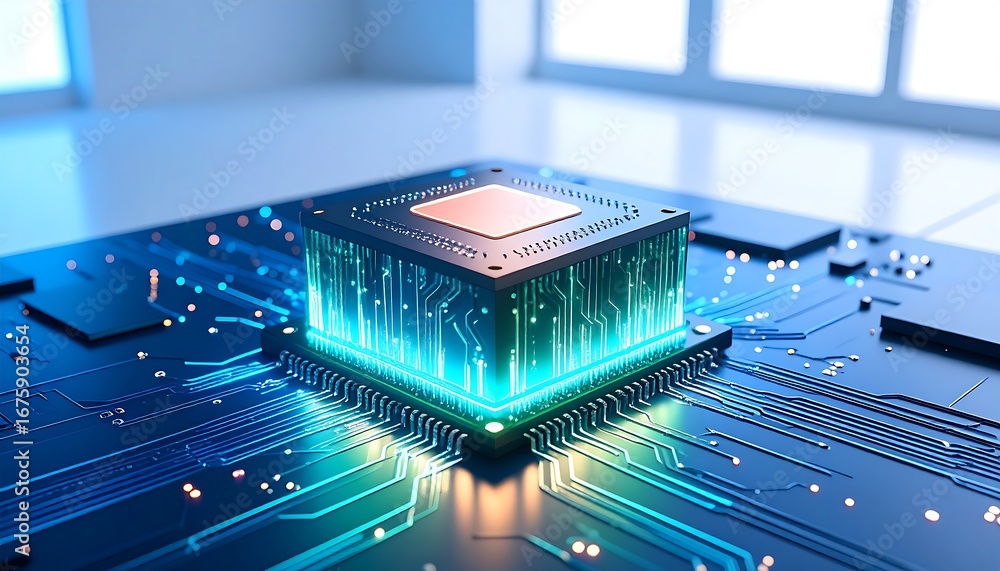 Aufkleber a detailed close-up view of a modern computer processor on a complex circuit board, showcasing glowi