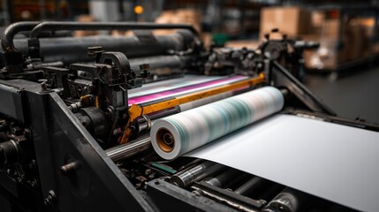 Printing Press in Motion with Colorful Roll of Paper and Machinery
