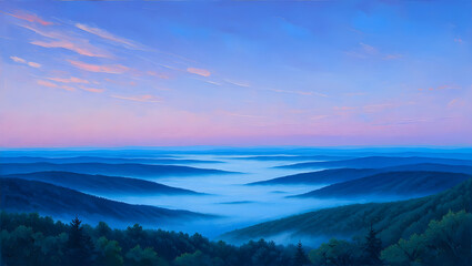 Fototapeta premium Rolling hills covered in mist at sunrise with a soft pink and blue gradient sky