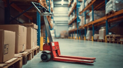 Red Pallet Jack on Floor of Spacious Warehouse with Cardboard Boxes