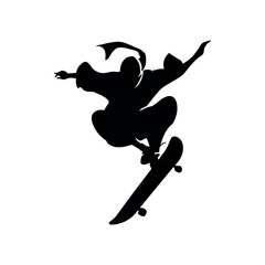 Silhouette of a ninja performing a skateboard trick with arms outstretched and headscarf blowing in the wind © GraphicHive