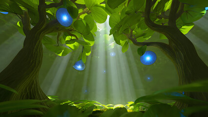 Enchanted forest with luminous blue orbs hanging from trees with sunbeams