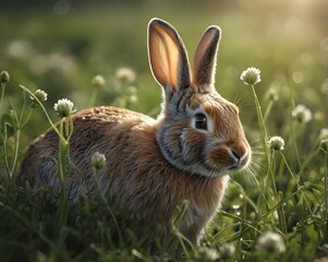 Adorable bunny emerges from lush green clover field bathed in warm golden hour sunlight