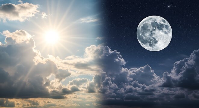 Day and night sky split with sun and moon, dramatic clouds, vast expanse