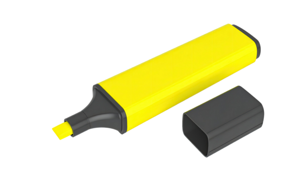 Bright yellow highlighter with removable lid and smooth ink tip for writing and marking isolated on white background