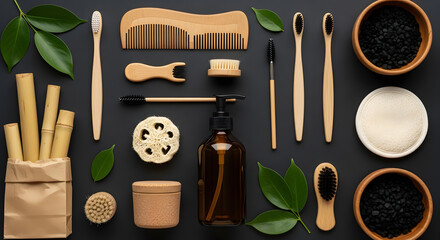 Organic Skincare Set with Natural Leaf and Bamboo Accessories on Dark Background