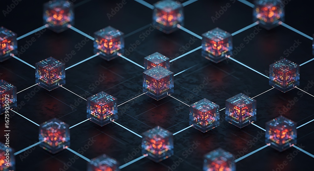 Poster a network of interconnected glowing cubes, representing a digital structure and data.