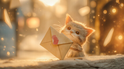 手紙をもらって喜ぶ子猫