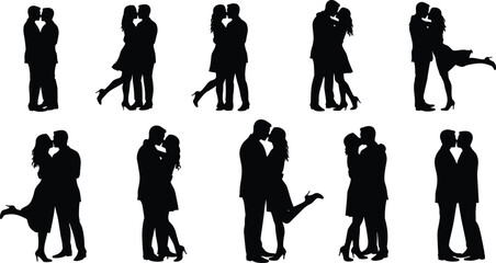 Romantic Couple Silhouette Collection, Love, Kissing, Embrace, Relationship, Affection, Passion, Emotional Connection, Bond, Intimate Moments, Couples in Love, Silhouettes, Romantic Gesture