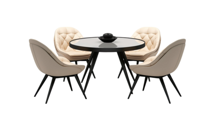 Modern round table with four cushioned beige chairs arranged for dining or meeting isolated on white background