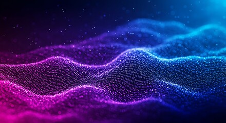 Vibrant abstract glowing sound wave pattern in neon blue and purple digital art.