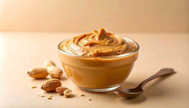Delicious creamy peanut butter in a glass bowl with roasted peanuts on a neutral background
