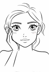 A beautiful and expressive black and white anime-style line art portrait of a young woman's face, perfect for a coloring page or character design inspiration.
